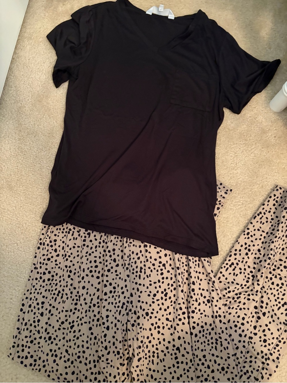 Black V-Neck Pocket Pajama Top with Cream & Black Dot Shorts